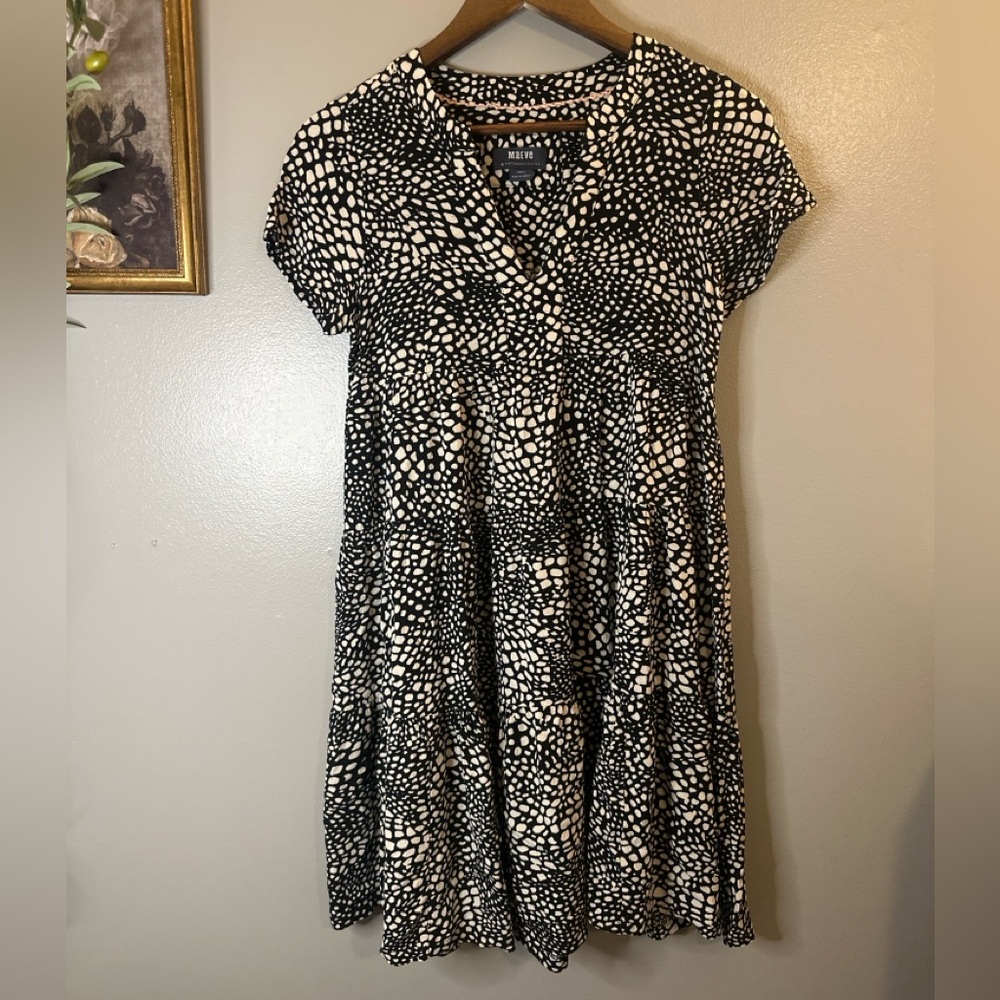 Maeve Anthropologie XS Black Cream Abstract Print Tiered Dress Boho Flowy Mini - Picture 3 of 7